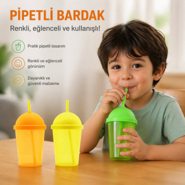 Pipetli Bardak - 450 ml - Şeffaf Renkli - Plastik 
