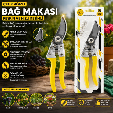 Çelik Ağızlı Bağ Makası - Güvenli Kilit Sistemi - Ergonomik Kulp 