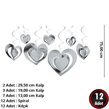 3D Spiralli Gümüş Renk Kalp Tavan Süsü 12 Adet