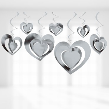 3D Spiralli Gümüş Renk Kalp Tavan Süsü 12 Adet