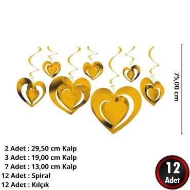 3D Spiralli Altın Renk Kalp Tavan Süsü 12 Adet