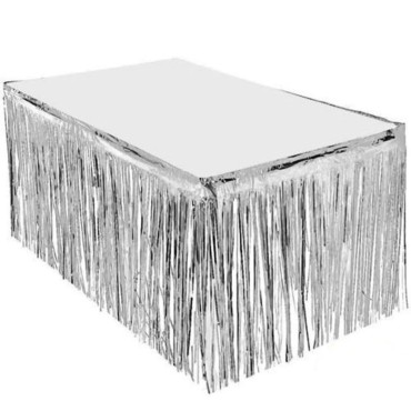 Püsküllü Metalize Gümüş Renk Masa Örtüsü 75 cm x 4 m