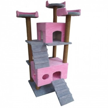Katlı Kedi Evi Pembe-Gri