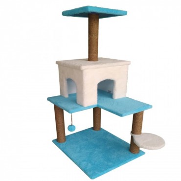 Tırmalama Alanlı Kedi Evi Mavi-Beyaz