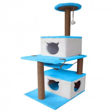 Tırmalama Alanlı Katlı Kedi Evi Mavi-Beyaz