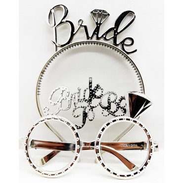Bride Yazılı Taç ve Bride To Be Yazılı Gözlük Seti Gümüş Renk 