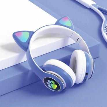 Kedi Figürlü Bluetooth Kulaklık Mavi Renkli 