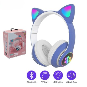 Kedi Figürlü Bluetooth Kulaklık Mavi Renkli 
