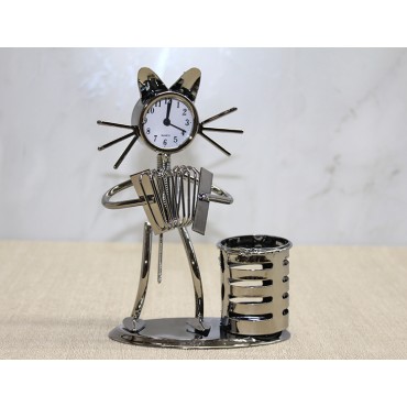 Metal Akordiyon Çalan Müzisyen Kedi Müzisyen Saat Ve Kalemlik 