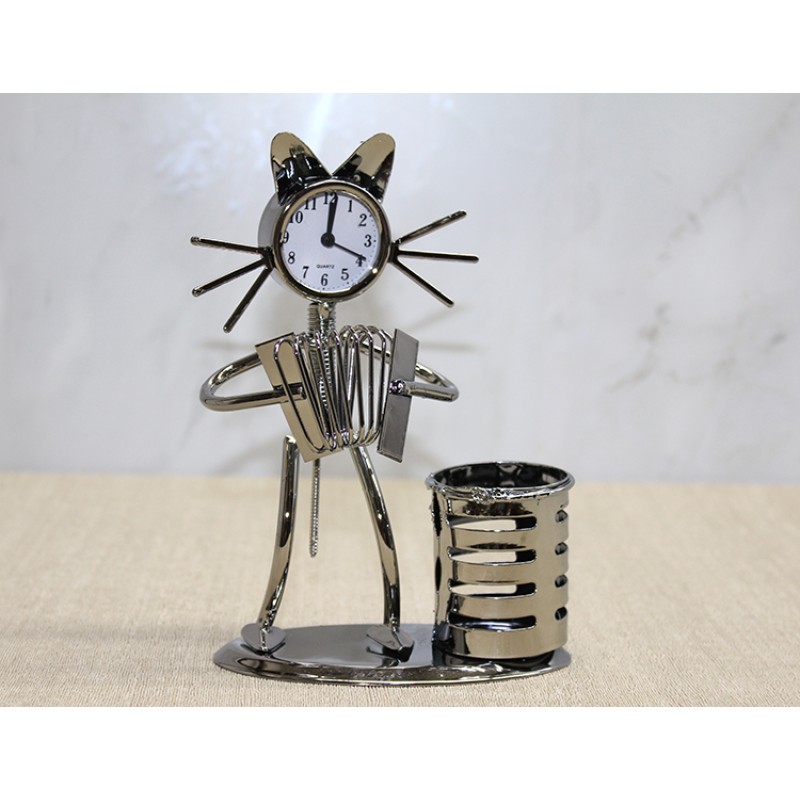 Metal Akordiyon Çalan Müzisyen Kedi Müzisyen Saat Ve Kalemlik 