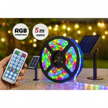Güneş Enerjili RGB 5 Metre Şerit LED Kamp ve Bahçe Aydınlatması 