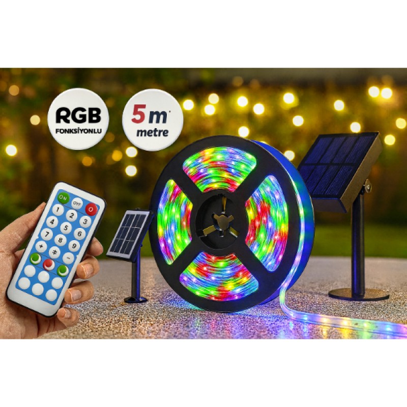 Güneş Enerjili RGB 5 Metre Şerit LED Kamp ve Bahçe Aydınlatması 