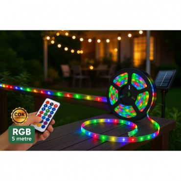 Güneş Enerjili RGB 5 Metre Şerit LED Kamp ve Bahçe Aydınlatması 