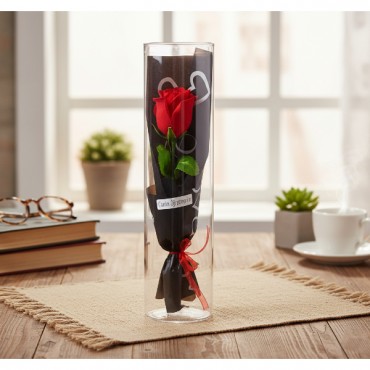 Şeffaf Silindir Kutulu Gül - Öğretmenler Günü Hediyesi 