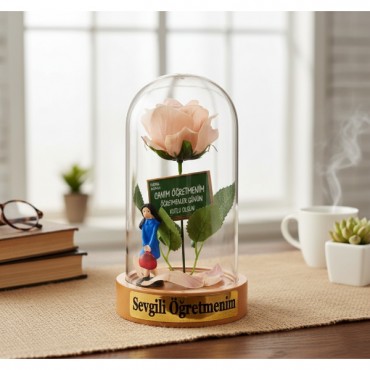 Güllü Biblolu Ters Fanus - Öğretmenler Günü Hediyesi 