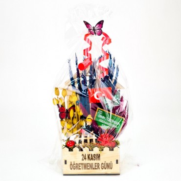 Mini Okul Saksı Hediye Sepeti - Öğretmenler Günü Hediyesi