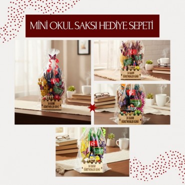 Mini Okul Saksı Hediye Sepeti - Öğretmenler Günü Hediyesi