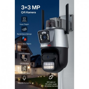 3 MP + 3 MP Çift Lens Wi-Fi TF Kart Girişli Güvenlik Kamerası 