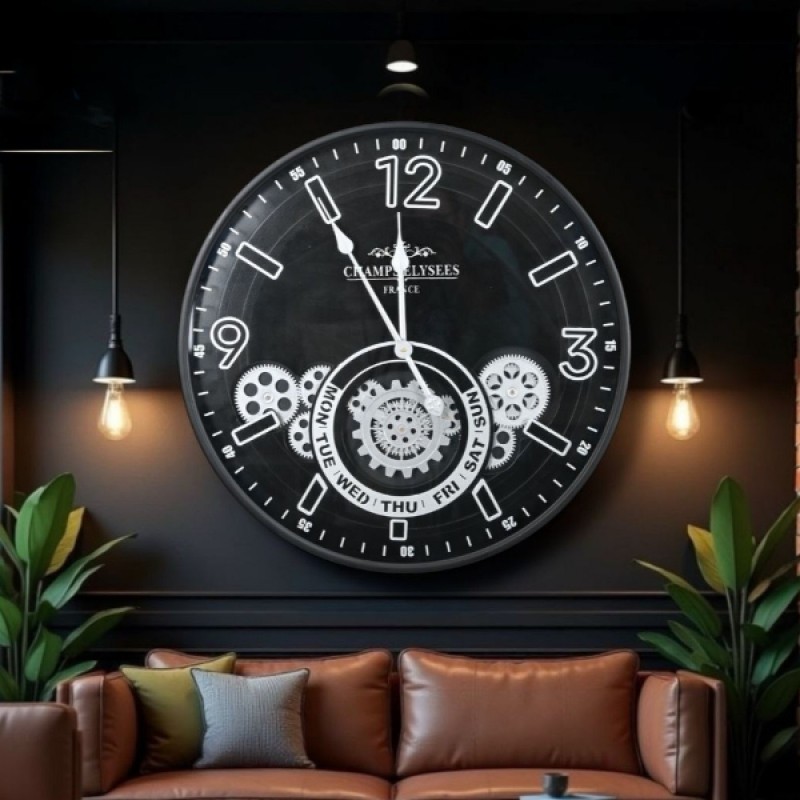 Çarklı Duvar Saati Gümüş Detaylı 59 cm