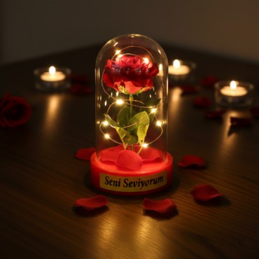 Gül Yapraklı Ledli Gül Fanus 