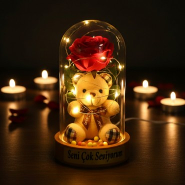 Ayıcıklı Ledli Gül Fanus 