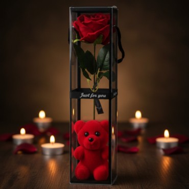 Ayıcıklı Şeffaf Kutulu Tekli Gül 