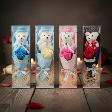 Şeffaf Kutulu Ayıcıklı Gül Buketi 