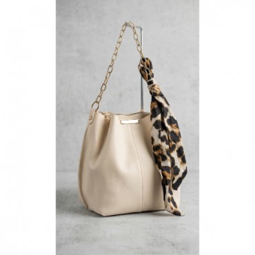 Leopar Desenli Fular Detaylı Krem Rengi Çanta 