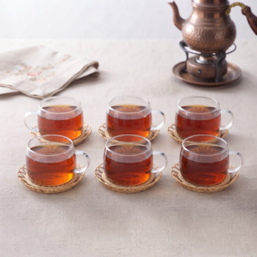 12 Parça El Yapımı Bambu Çay Seti - El Yapımı Bambu Bardak Altlığı - 6 Kişilik Fincan Takımı 