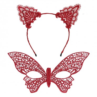 Gösterişli Kırmızı Dantel Maske ve Taç Seti 7 No – Masquerade ve Davetler için