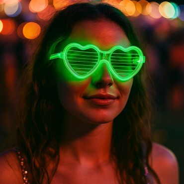 Yeşil LED Işıklı Kalp Gözlük – 3 Modlu 