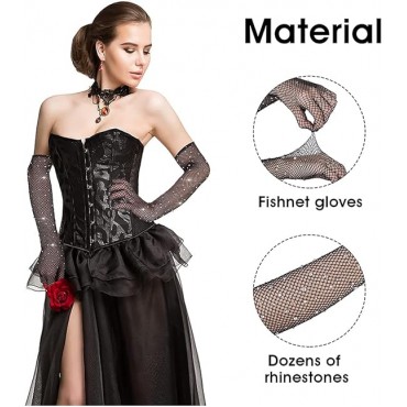 Siyah Renk İncili Elmas İşlemeli File Örgü Uzun Eldiven 45 cm