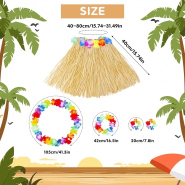 Yetişkin Çocuk Hawaii Parti Seti - 40 cm Naturel Etek + Çiçek Aksesuarlar (5 Parça)