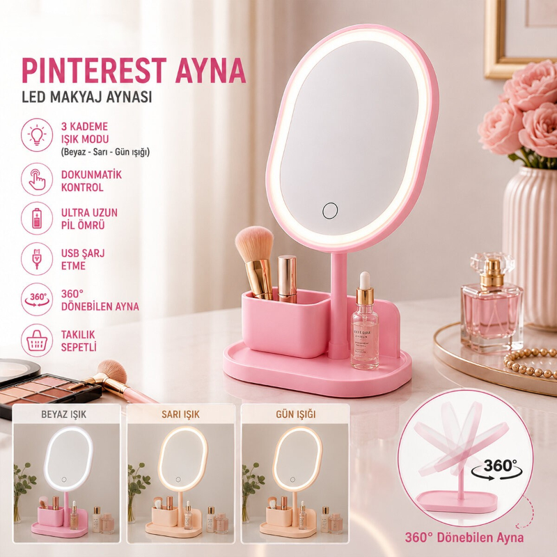 Işıklı Oval Makyaj Aynası - Dokunmatik - USB Şarjlı - 3 Kademe Işık Seviyesi - Takı Tepsili  - 2