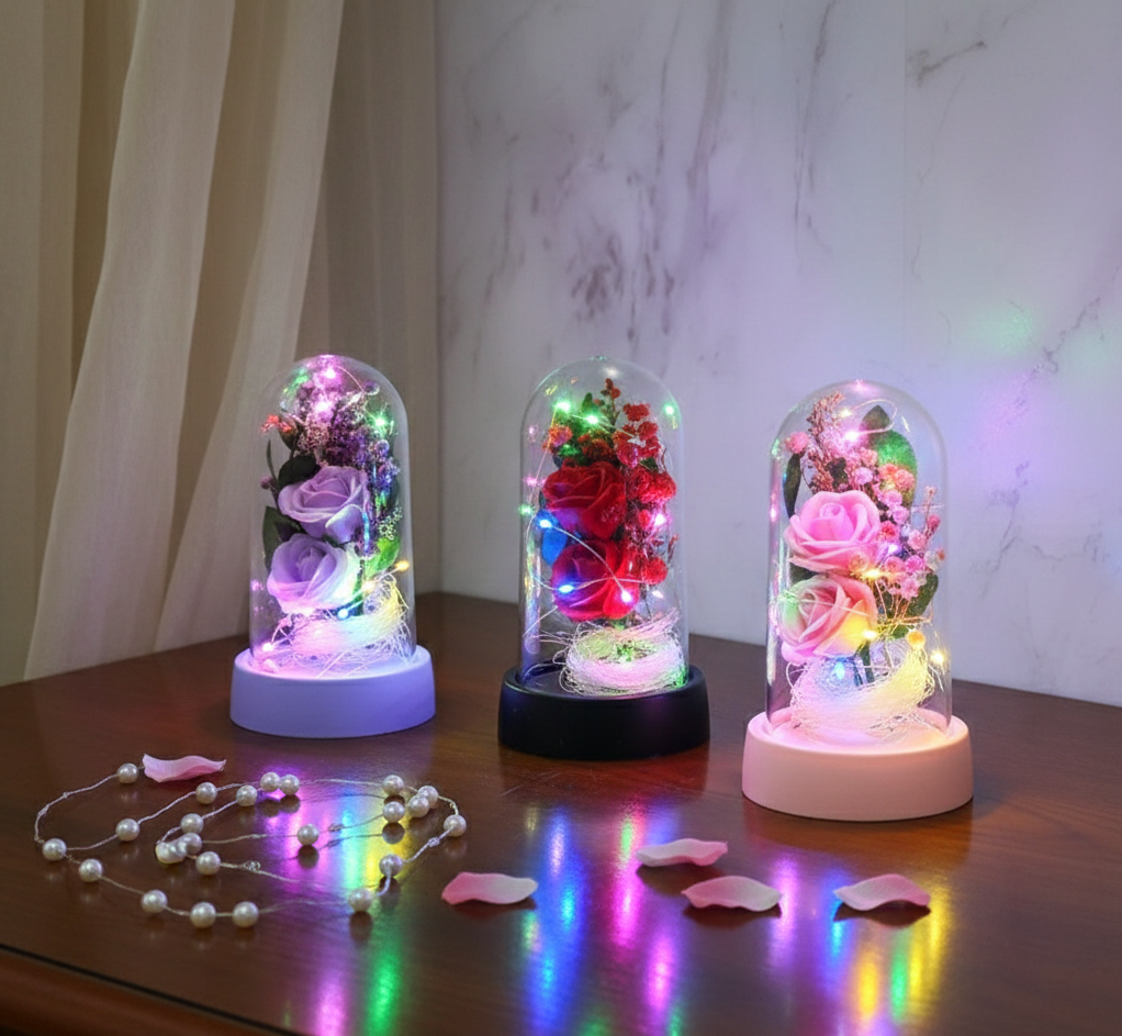 Işıklı Müzikli Romantik Fanus Tekli Gül 