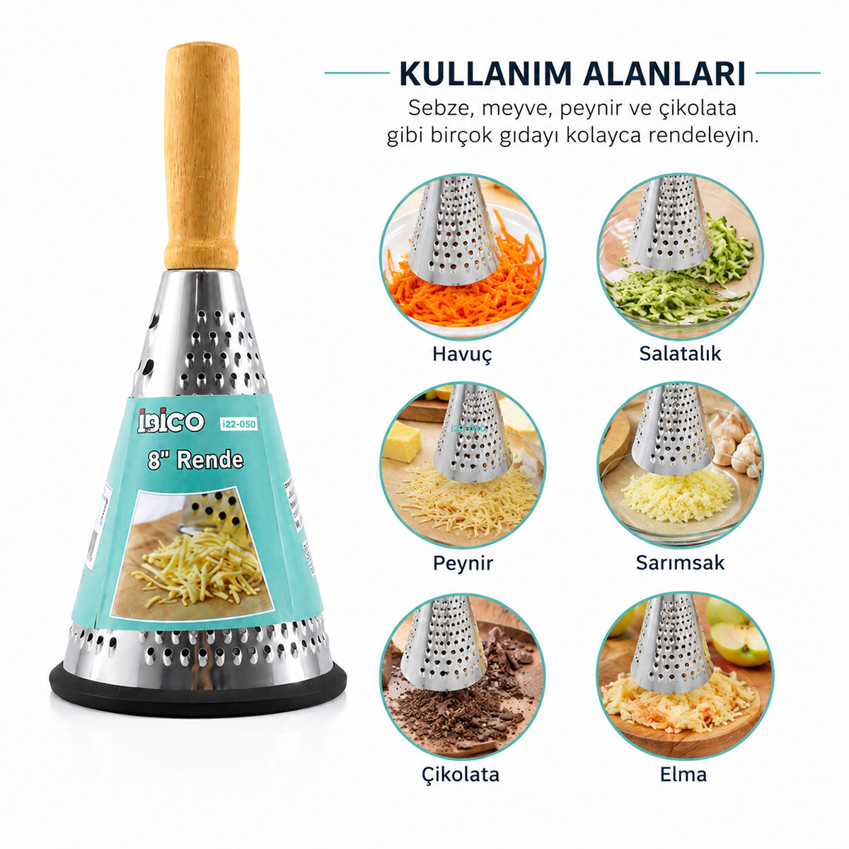 Huni Model Rende - 3 Bölümlü - Paslanmaz Çelik - Ahşap Bambu Saplı - Silikon Taban  - 2
