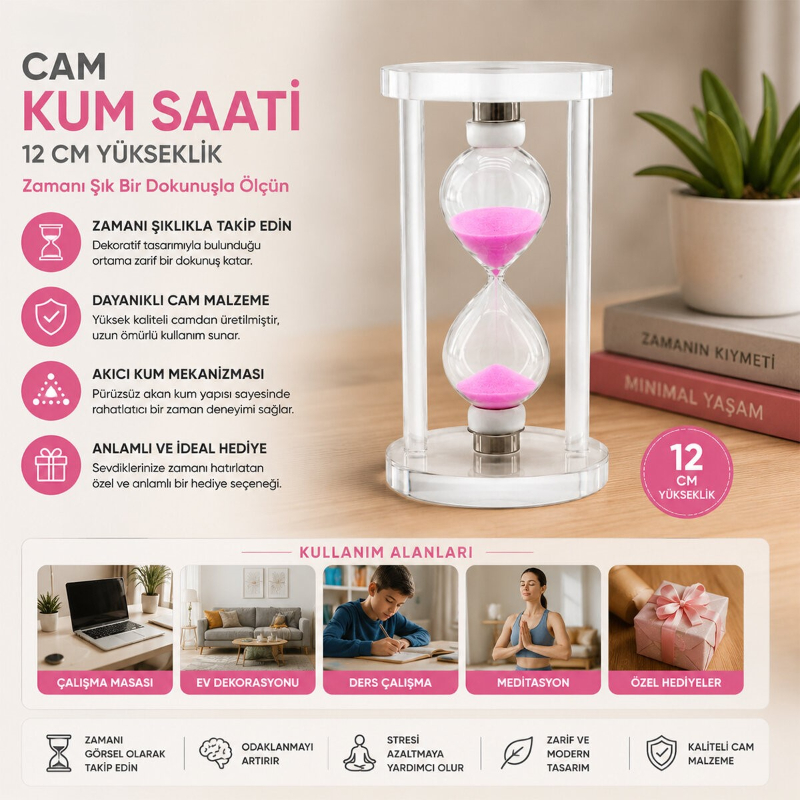 Orta Boy Cam Standlı Kum Saati - 12 cm Yükseklik - Dekoratif Süs Eşyası - 2