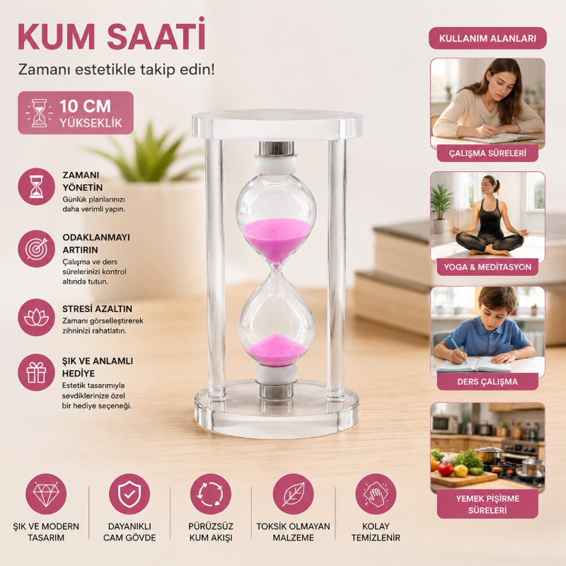 Küçük Boy Cam Standlı Kum Saati - 10 cm Yükseklik - Dekoratif Süs Eşyası - 2