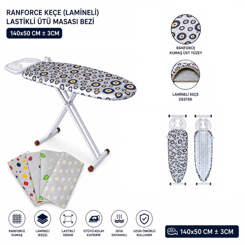 Ranforce Keçe Ütü Masası Bezi - Lastikli - Lamineli - 140x50 cm
