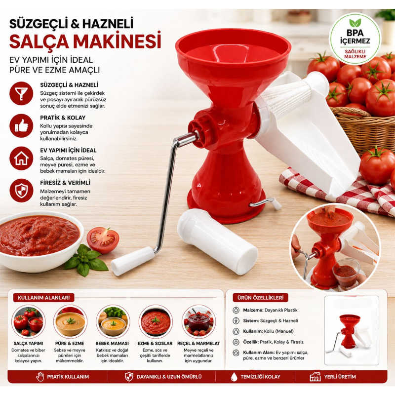 Ev Tipi Salça Makinesi - Süzgeçli ve Hazneli - Manuel Kollu - 2