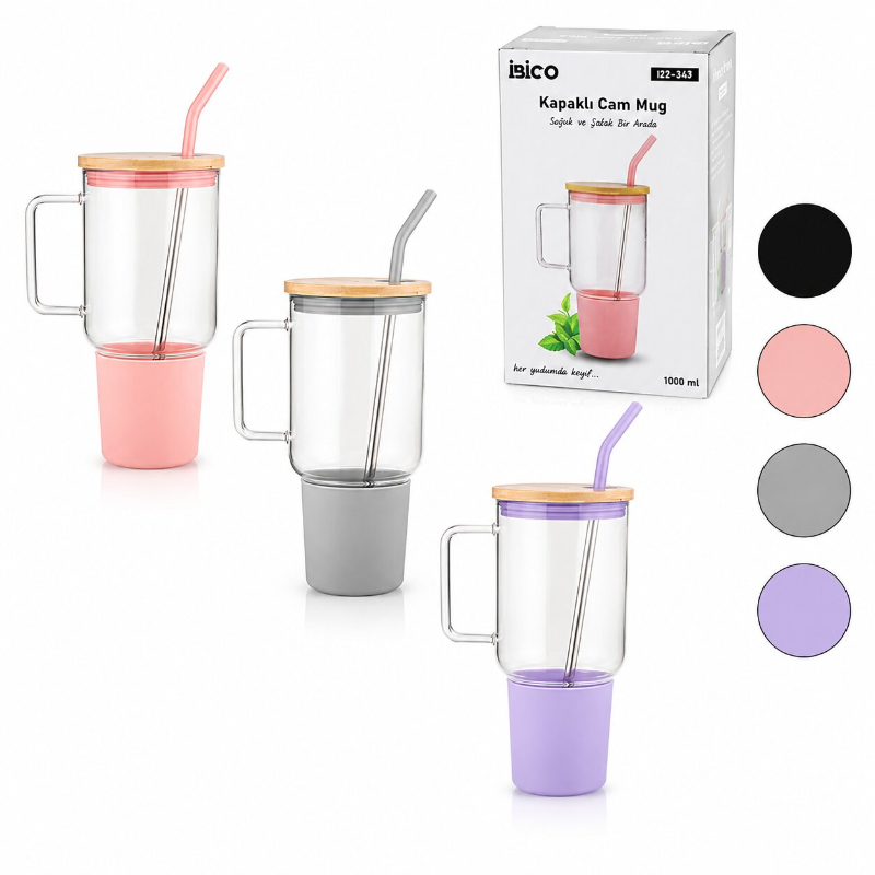 1000 ml Cam Matara Kupa Bardak - Bambu Kapaklı - Silikon Kılıflı - Çelik Pipetli - 3
