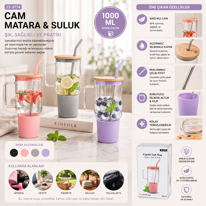 1000 ml Cam Matara Kupa Bardak - Bambu Kapaklı - Silikon Kılıflı - Çelik Pipetli - 2