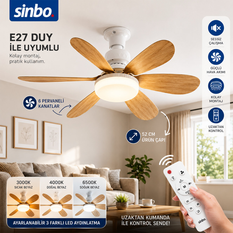 Tavan Vantilatörü ve LED Avize - Uzaktan Kumandalı - 6 Kanatlı - 52 cm - 2