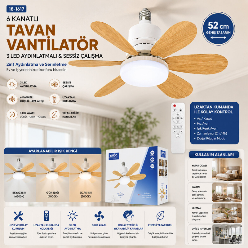 Tavan Vantilatörü ve LED Avize - Uzaktan Kumandalı - 6 Kanatlı - 52 cm - 3