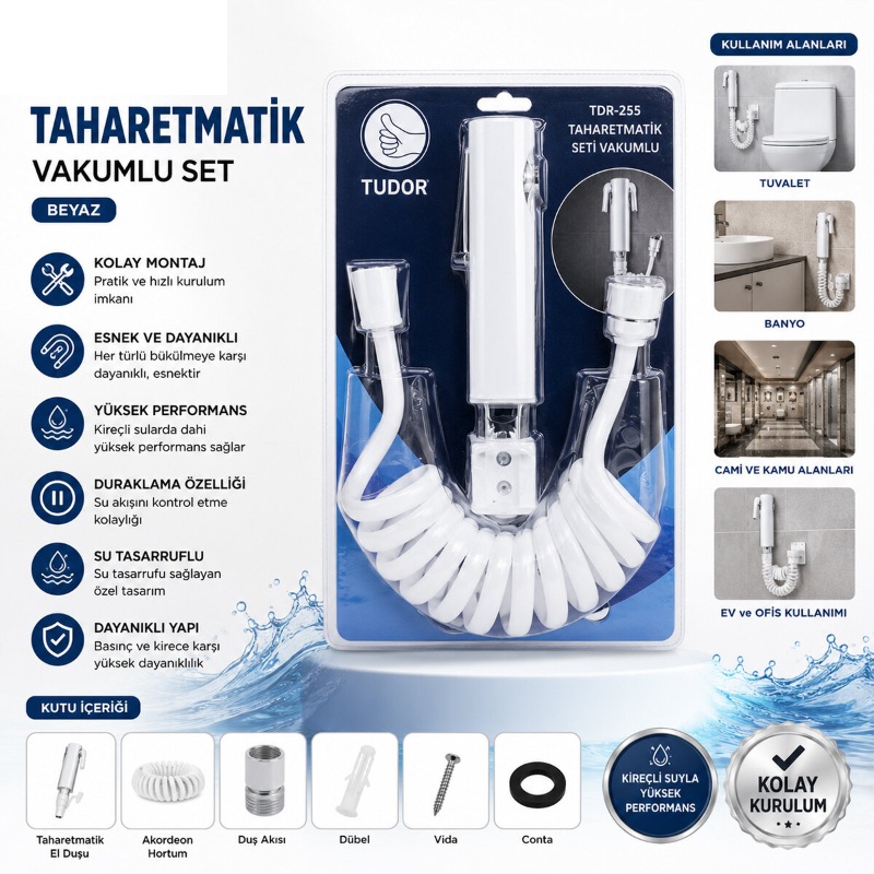 Beyaz Taharetmatik Seti - Vakumlu Montaj - Akordeon Hortumlu - 3
