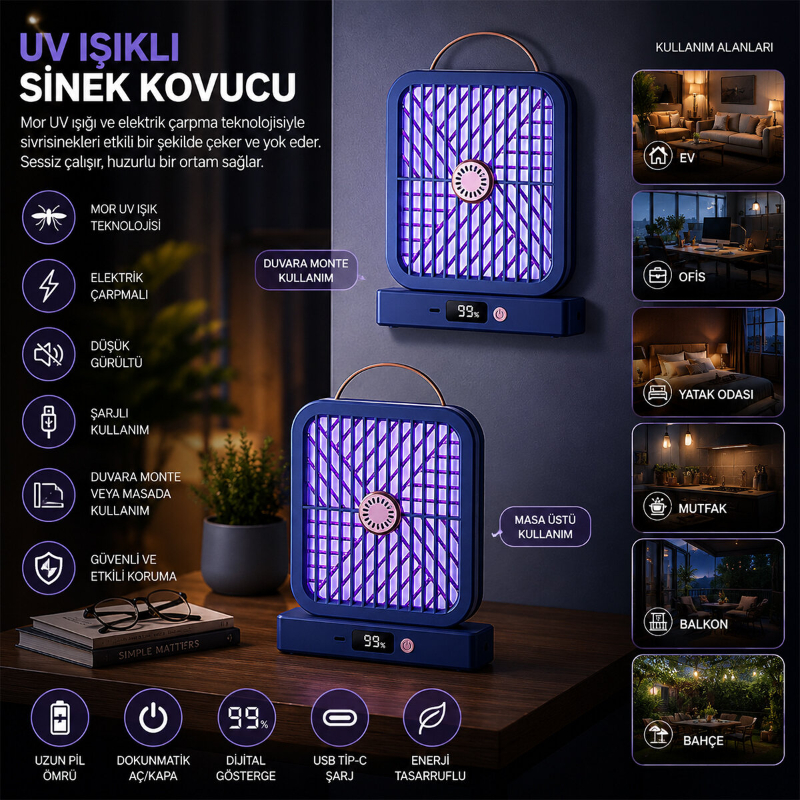UV Işıklı Sinek Kovucu - Şarjlı ve Elektrik Çarpmalı - Dijital Ekranlı  - 2