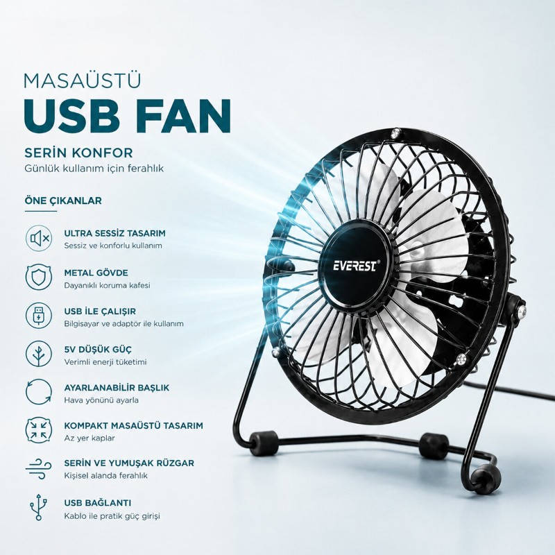 Masaüstü Mini USB Fan - Metal Gövdeli - Ultra Sessiz - 3