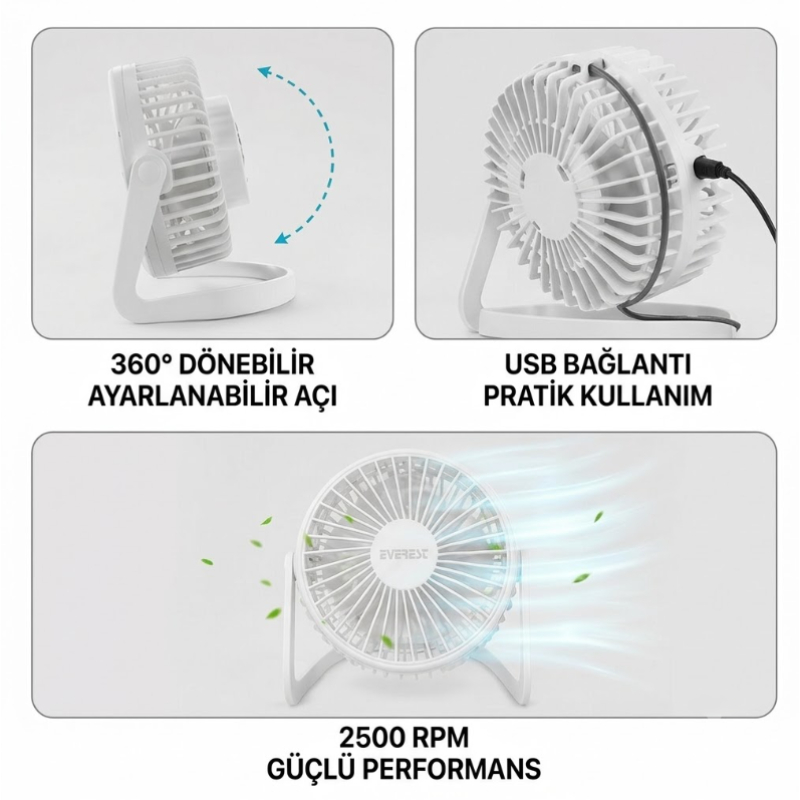 Masaüstü Mini USB Fan - PVC Gövdeli - 360° Ayarlanabilir - 3