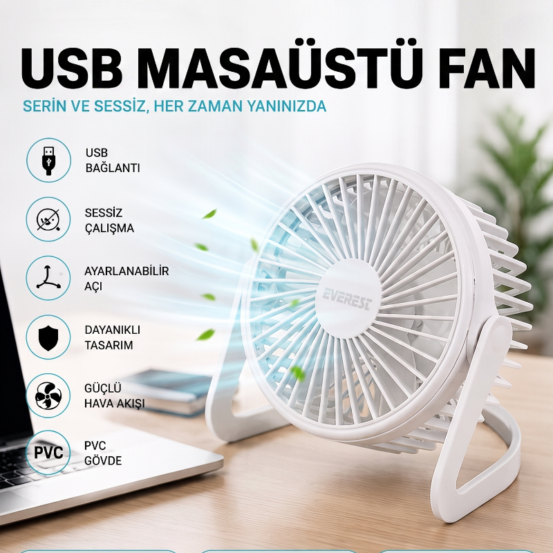 Masaüstü Mini USB Fan - PVC Gövdeli - 360° Ayarlanabilir - 2