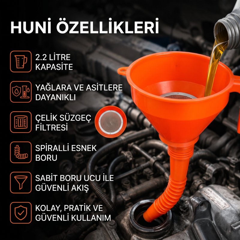 Çelik Süzgeçli Huni - Spiralli ve Sabit Borulu - 2.2 Litre Kapasite - 4